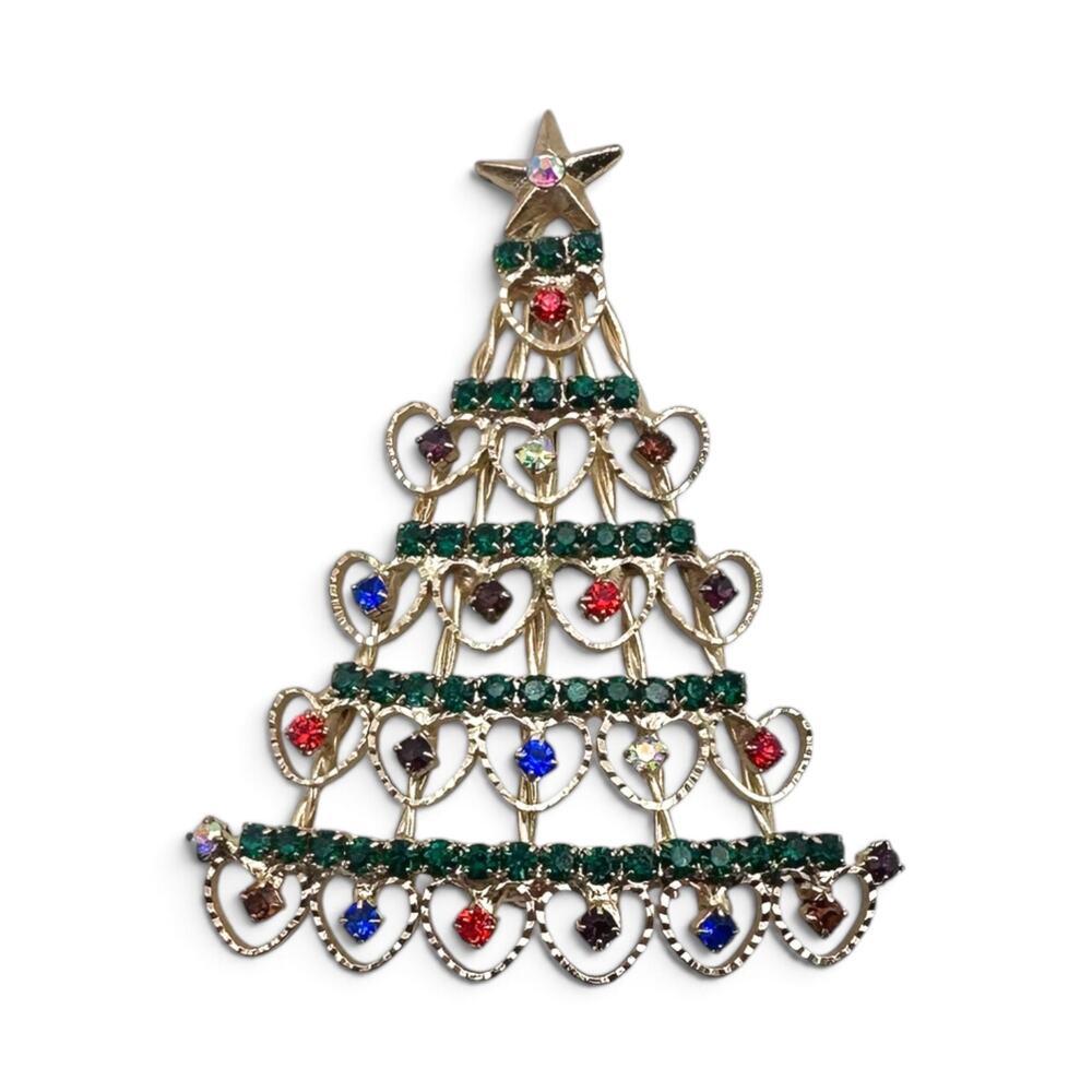 Vintage Christmas Tree Brooch Green Multicolor Rhinestone Gold Tone Filigree Pin